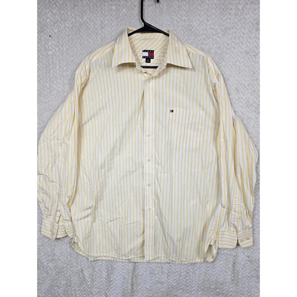 Tommy Hilfiger Men Size Large Long Sleeve Button Down Shirt Yellow White Stripe